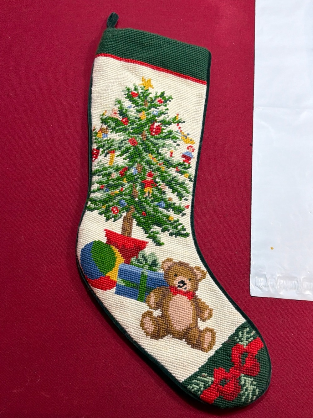 Vintage Needlepoint Christmas Tree Teddy Bear Ball Toys Lined Green Stocking 20”